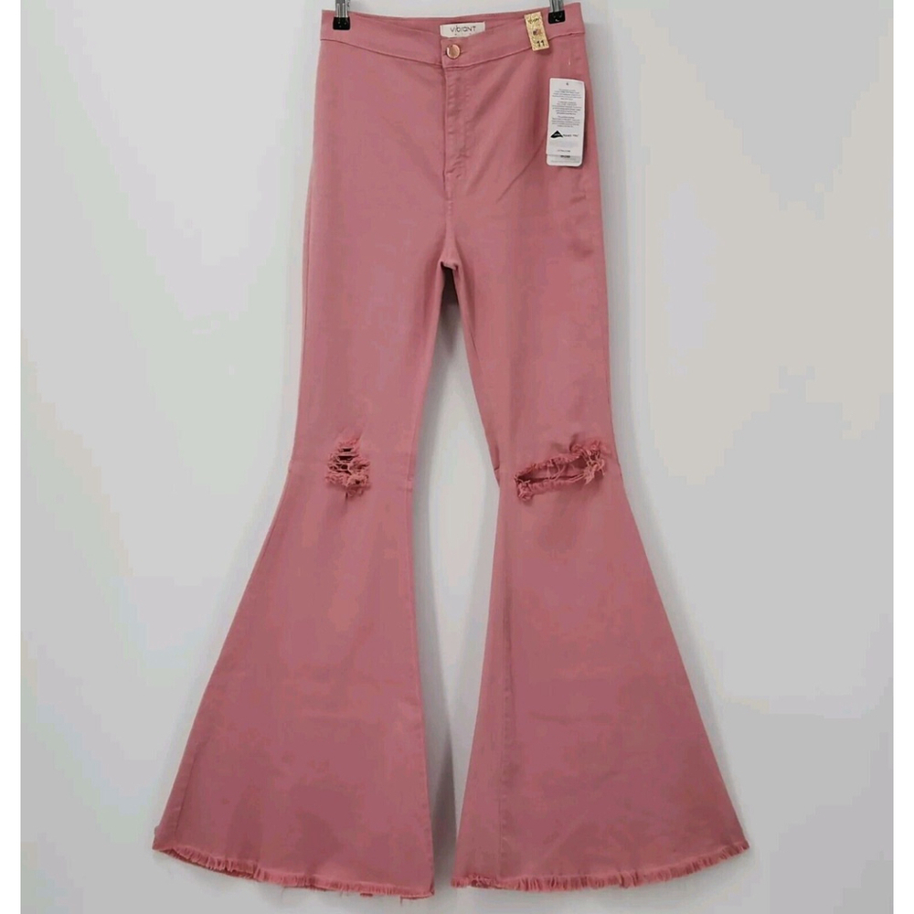 Bohemian High Waist Wide Flare 70's Retro Pink Pants Vibrant NWT Size 11 Waist29